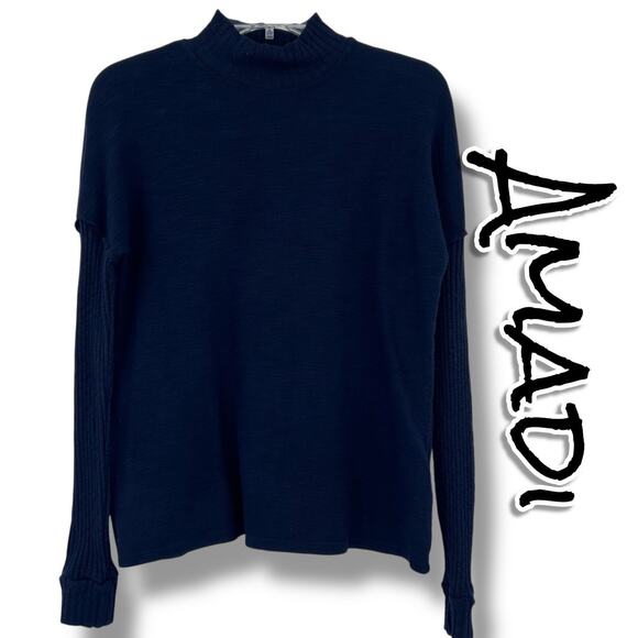 Anthropologie Tops - NWT Anthropologie Amadi Navy Mock Neck Mixed Knit Ribbed Sleeve Top Womens Sz XS